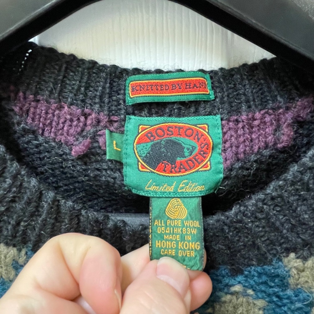 Vintage Boston Traders Men's Large Wool Hand Knit Chunky Sweater 90's Maximalist - Picture 3 of 11